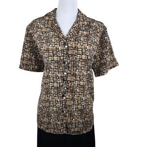 Elementz Women Sz XL Top Brown Collared Button Down Short Sleeve Geometric Print